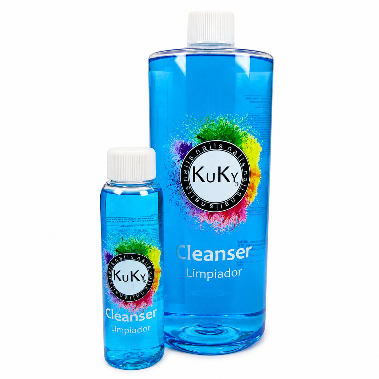 Limpiador profesional Kuky Cleanser disponible en formatos de 100 ml y 1000 ml para la limpieza y preparación de uñas artificiales.