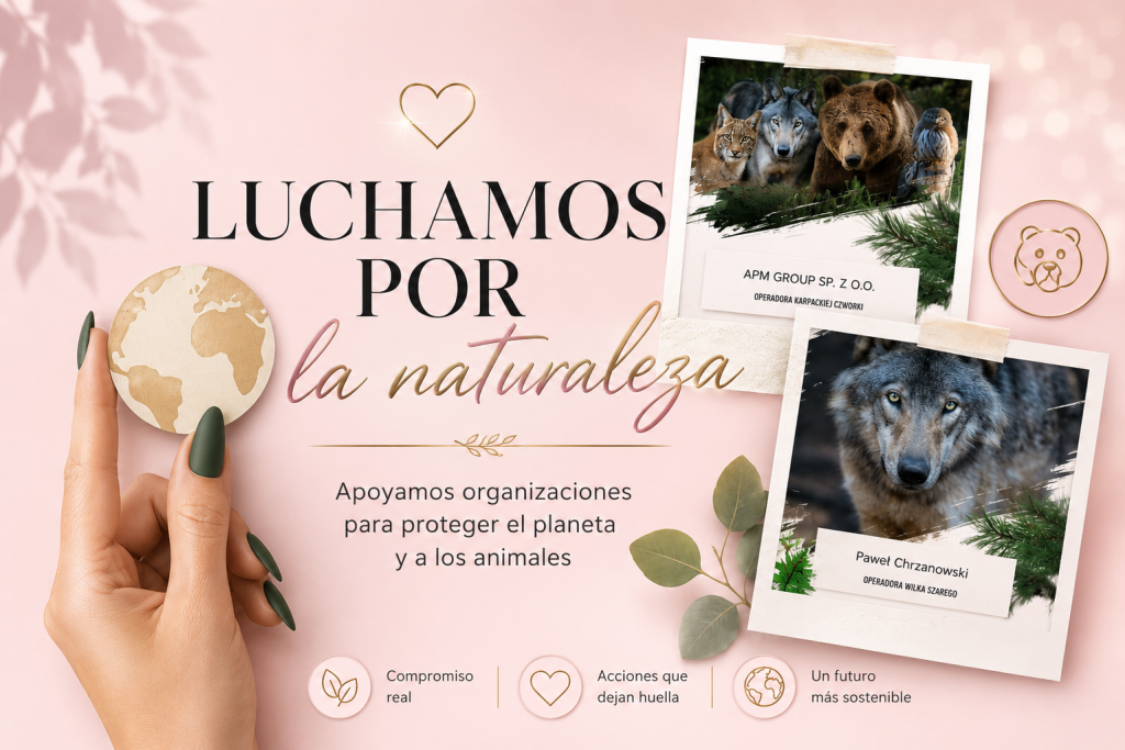 sostenibilidad de Mistero Milano sobre la protección de animales y ecosistemas, con fotografías de fauna salvaje y mensaje de compromiso con la conservación de la naturaleza.