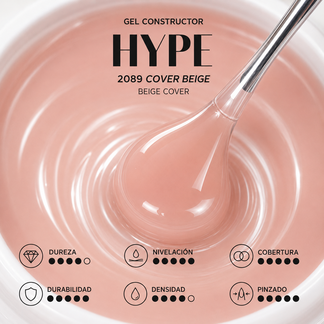 Infografía de Hype Gel Constructor Beige Cover de Mistero Milano con las características técnicas del gel constructor beige natural.
