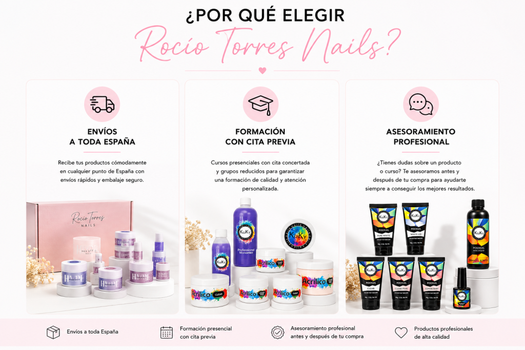 Productos profesionales utilizados en la formación y asesoramiento de Rocío Torres Nails.
