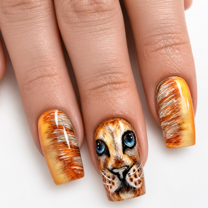 Diseño artístico de uñas con retrato realista de un león y efecto pelo, realizado sobre uñas esculpidas con técnicas avanzadas de nail art.