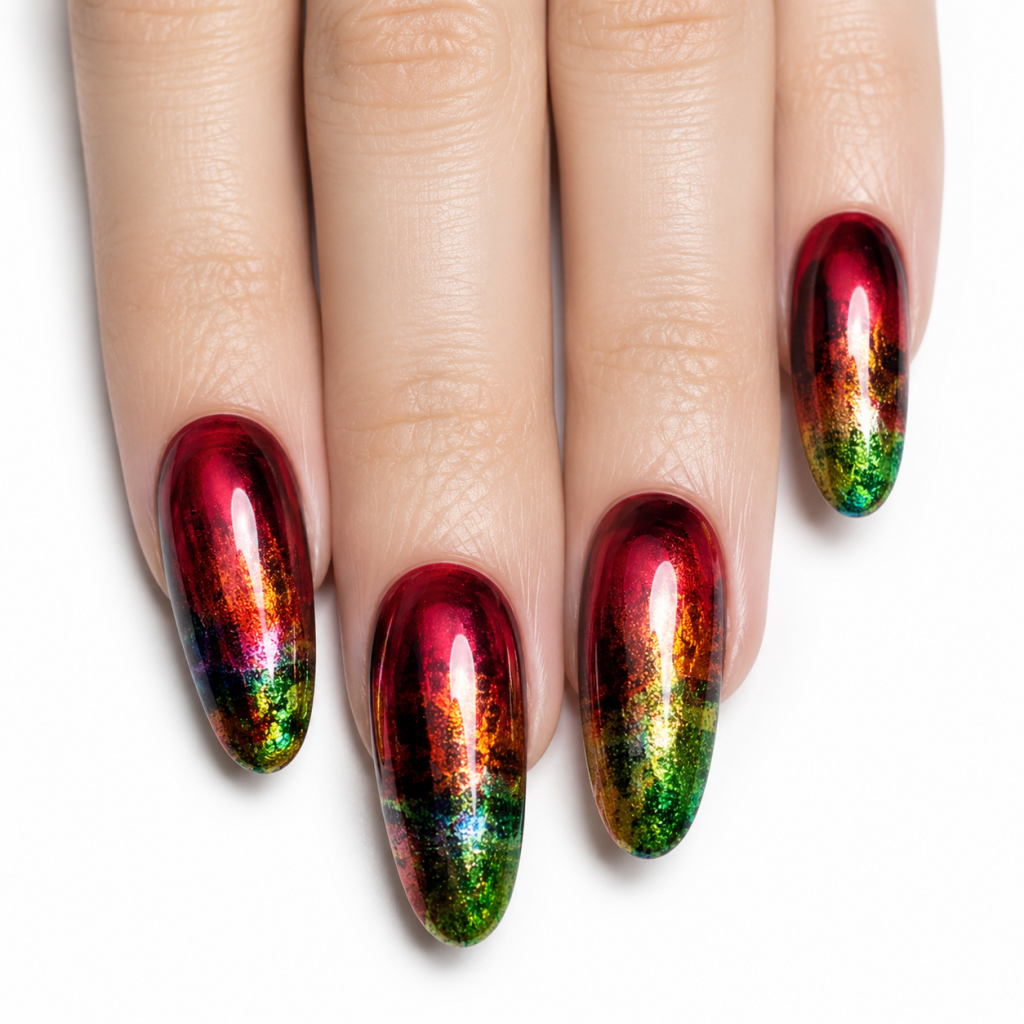 Manicura profesional con efecto multicolor cromado en tonos rojo, dorado y verde sobre uñas almendradas, realizada con técnicas avanzadas de salón.