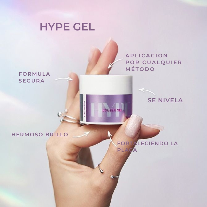 Colección Hype Gel de Mistero Milano con gel constructor profesional libre de HEMA, di-HEMA y TPO.